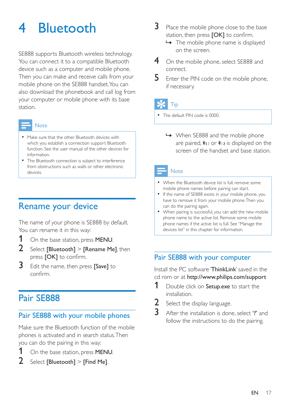 4 bluetooth, Rename your device, Pair se888 | Pair se888 with your mobile phones, Pair se888 with your computer | Philips SE8881B-22 User Manual | Page 17 / 62