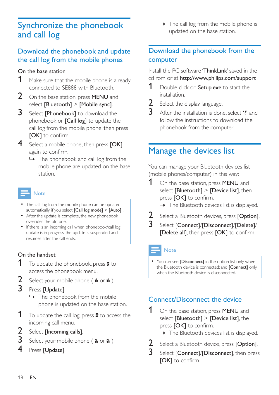 Synchronize the phonebook and call log, Download the phonebook from the computer, Manage the devices list | Connect/disconnect the device | Philips SE8881B-22 User Manual | Page 18 / 62