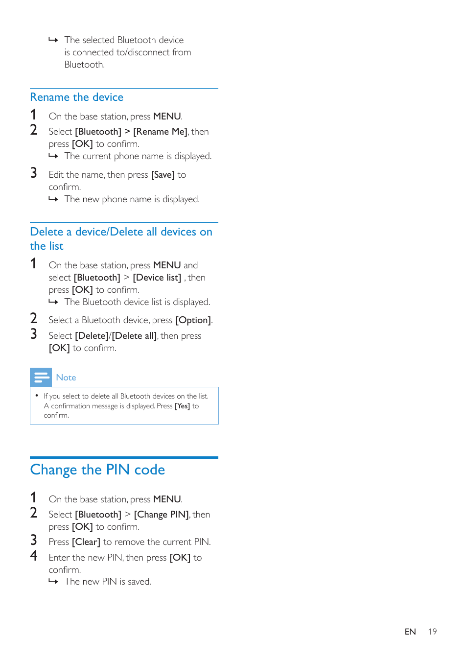 Rename the device, Delete a device/delete all devices on the list, Change the pin code | Change the pin code 1 | Philips SE8881B-22 User Manual | Page 19 / 62