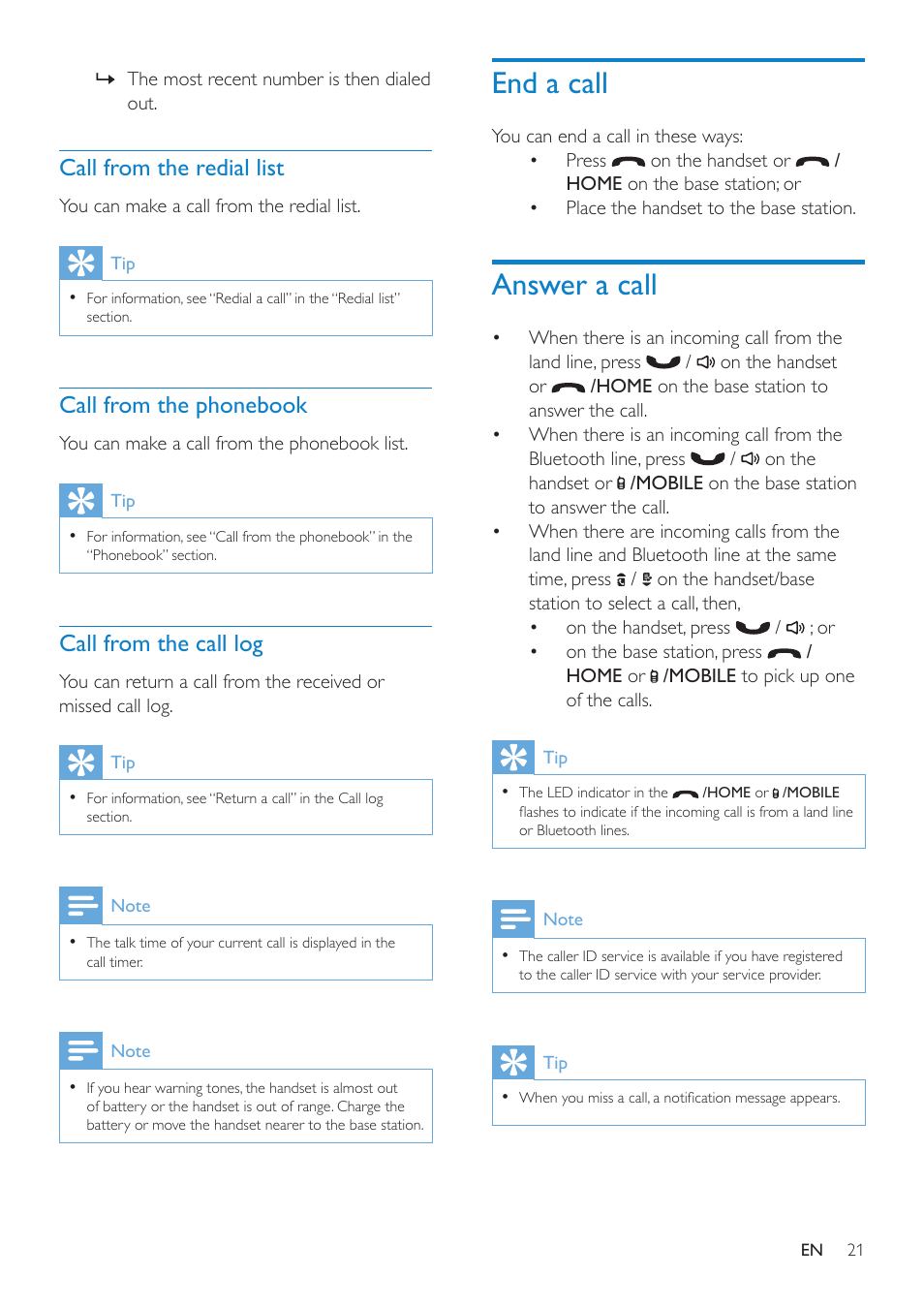 Call from the redial list, Call from the phonebook, Call from the call log | End a call, Answer a call | Philips SE8881B-22 User Manual | Page 21 / 62