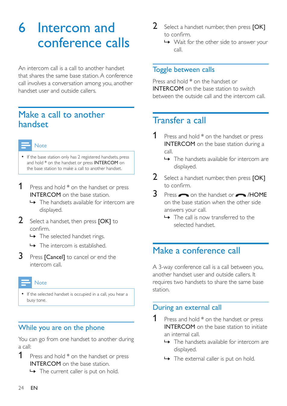 6 intercom and conference calls, Make a call to another handset, While you are on the phone | Toggle between calls, Transfer a call, Make a conference call, During an external call, Transfer a call 1 | Philips SE8881B-22 User Manual | Page 24 / 62