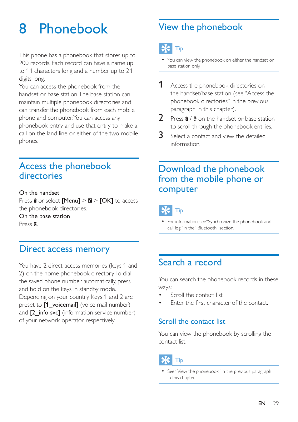 8 phonebook, Access the phonebook directories, Direct access memory | View the phonebook, Search a record, Scroll the contact list | Philips SE8881B-22 User Manual | Page 29 / 62