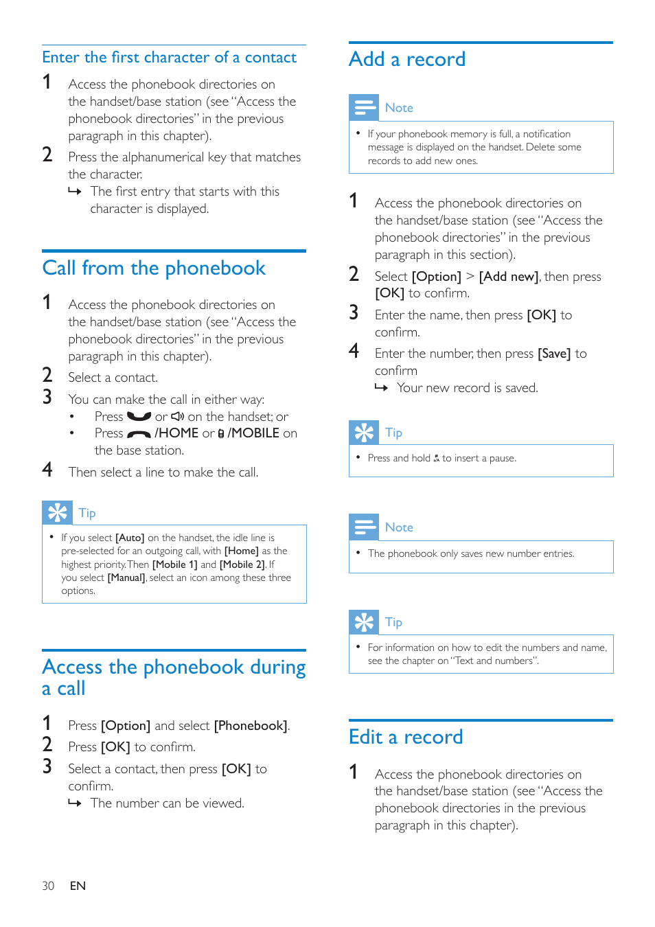 Enter the first character of a contact, Call from the phonebook, Access the phonebook during a call | Add a record, Edit a record, Edit a record 1, Call from the phonebook 1, Access the phonebook during a call 1 | Philips SE8881B-22 User Manual | Page 30 / 62