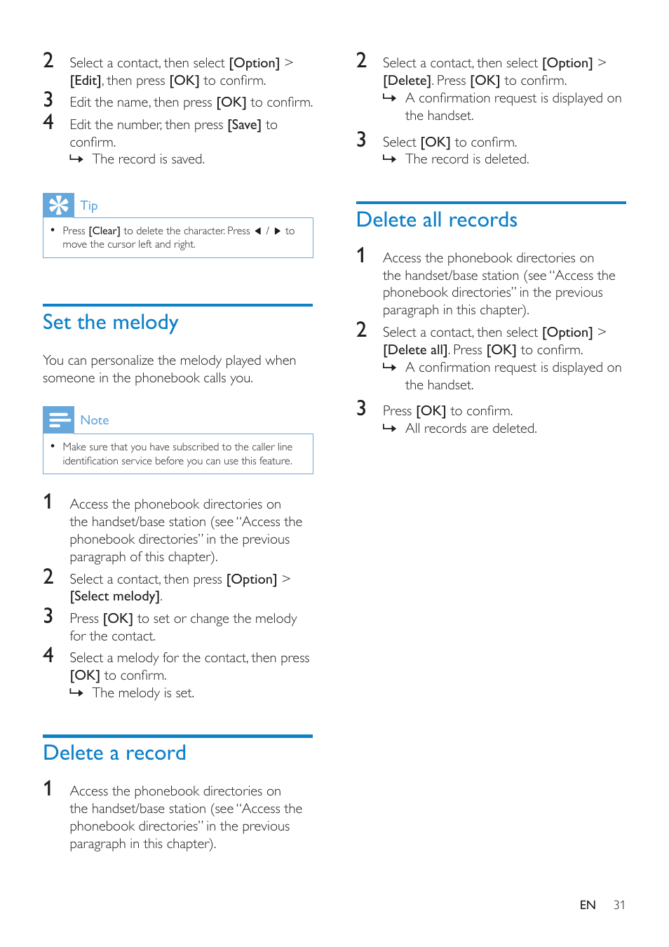 Set the melody, Delete a record, Delete all records | Delete all records 1, Delete a record 1 | Philips SE8881B-22 User Manual | Page 31 / 62