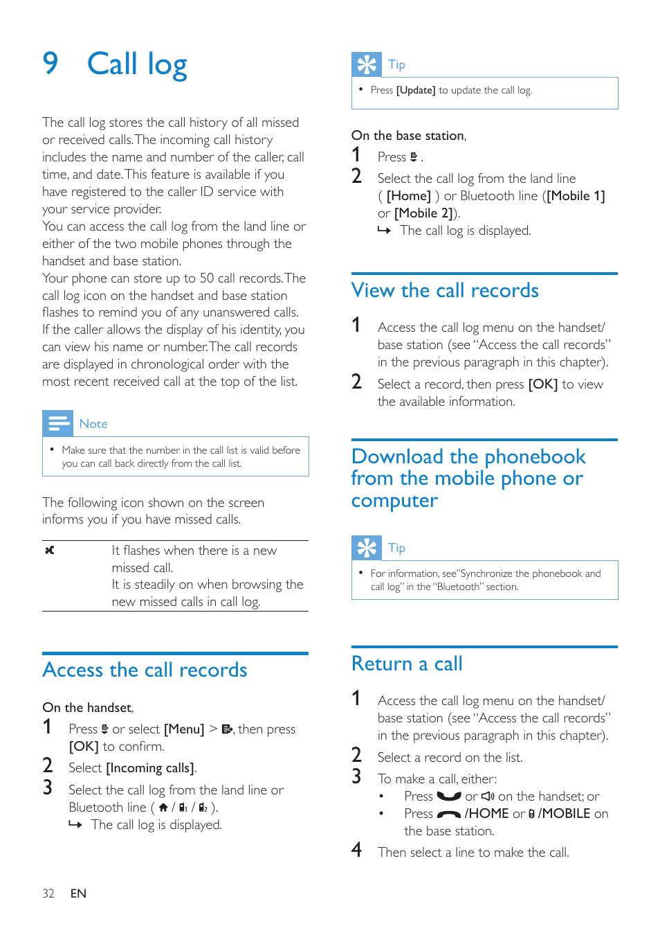 9 call log, Access the call records, View the call records | Return a call, View the call records 1, Return a call 1 | Philips SE8881B-22 User Manual | Page 32 / 62