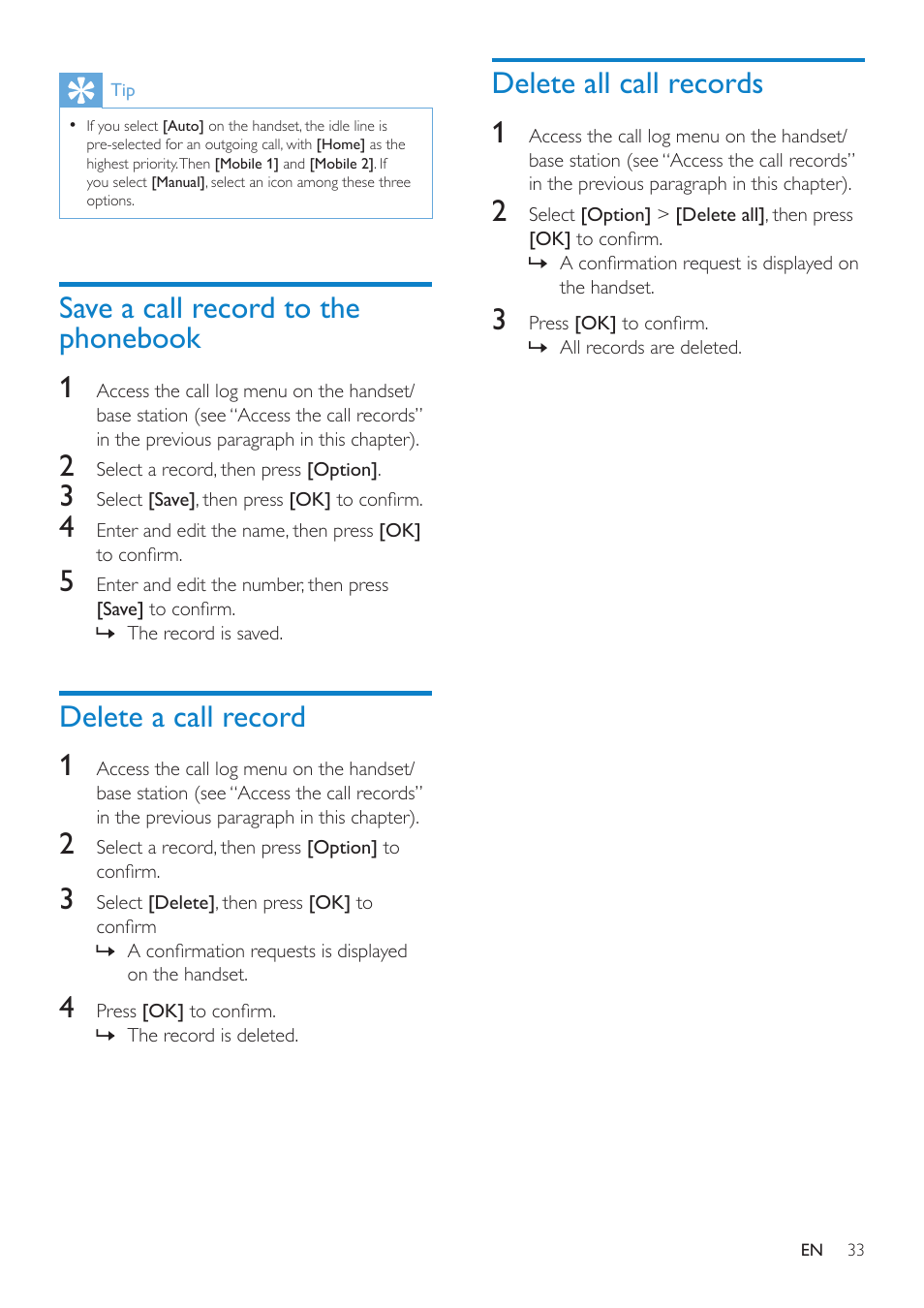 Save a call record to the phonebook, Delete a call record, Delete all call records | Delete all call records 1, Save a call record to the phonebook 1, Delete a call record 1 | Philips SE8881B-22 User Manual | Page 33 / 62