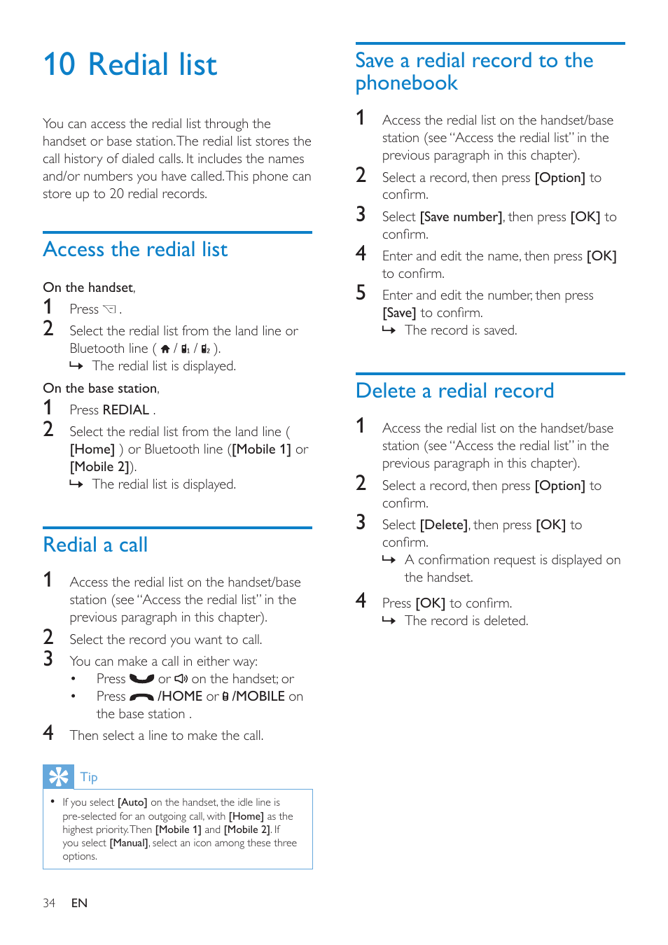 10 redial list, Access the redial list, Redial a call | Save a redial record to the phonebook, Delete a redial record, Delete all redial records, Save a redial record to the phonebook 1, Delete a redial record 1, Redial a call 1 | Philips SE8881B-22 User Manual | Page 34 / 62