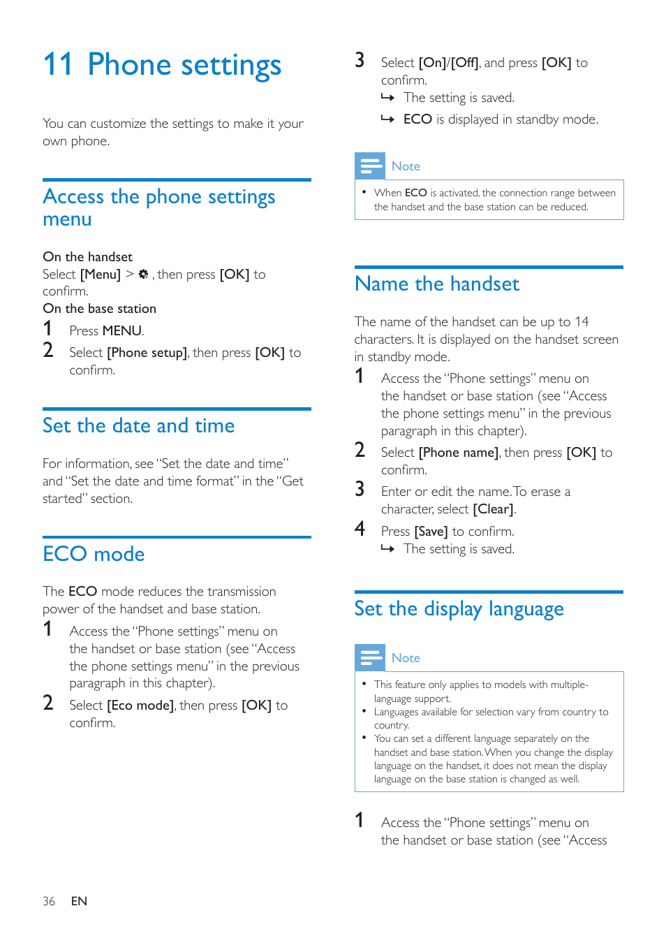 11 phone settings, Access the phone settings menu, Set the date and time | Eco mode, Name the handset, Set the display language | Philips SE8881B-22 User Manual | Page 36 / 62