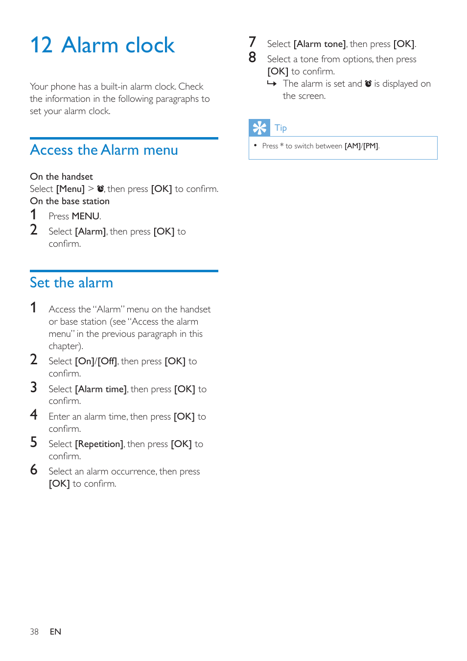 12 alarm clock, Access the alarm menu, Set the alarm | Set the alarm 1 | Philips SE8881B-22 User Manual | Page 38 / 62