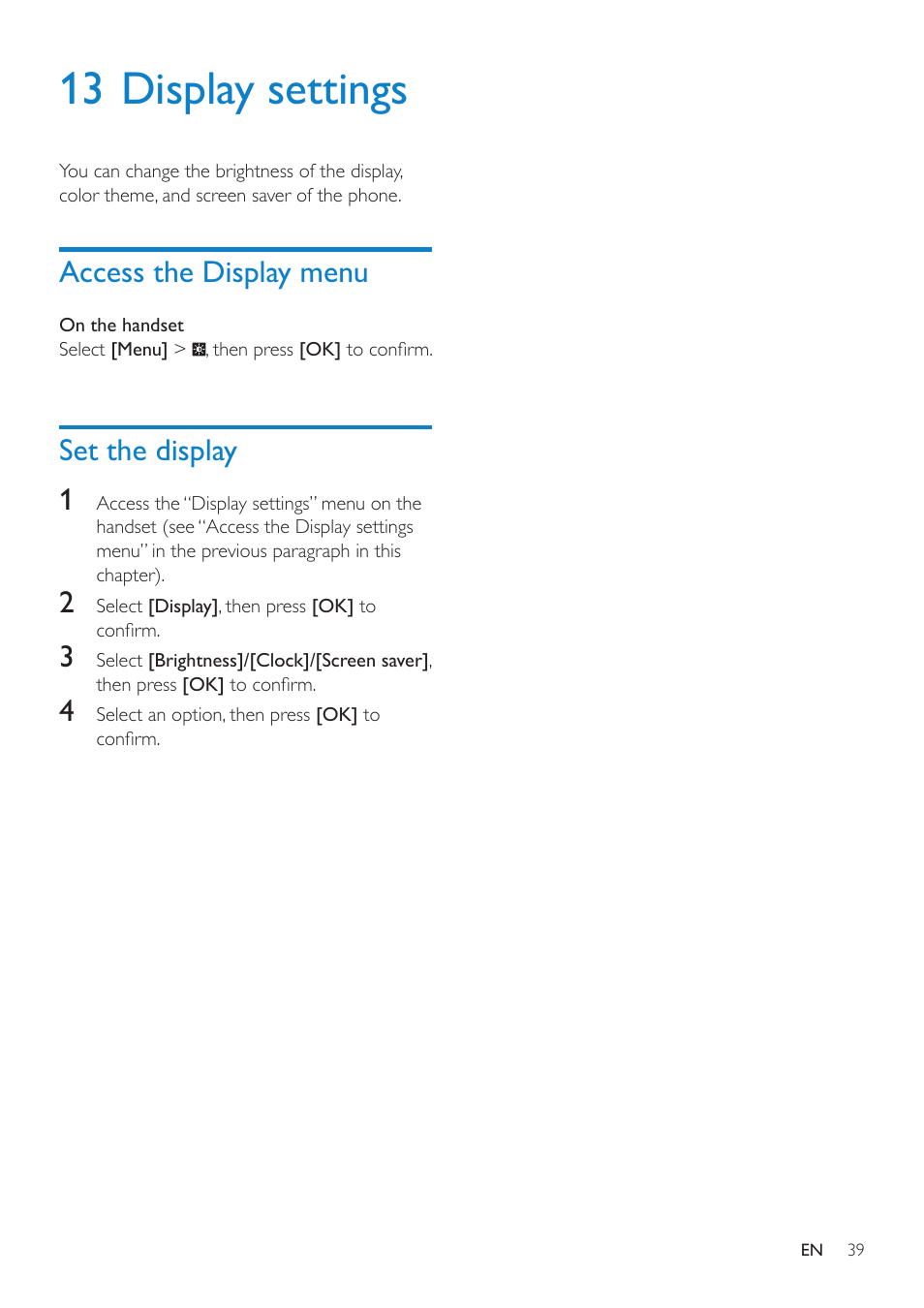 13 display settings, Access the display menu, Set the display | Set the display 1 | Philips SE8881B-22 User Manual | Page 39 / 62