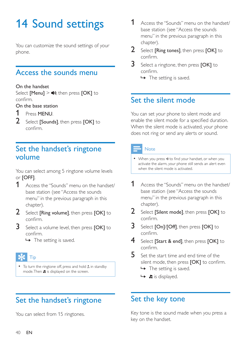 14 sound settings, Access the sounds menu, Set the handset’s ringtone volume | Set the handset’s ringtone, Set the silent mode, Set the key tone | Philips SE8881B-22 User Manual | Page 40 / 62