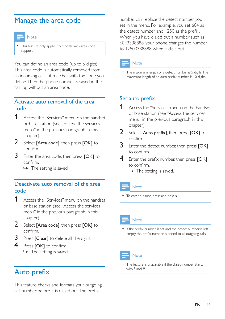 Manage the area code, Activate auto removal of the area code, Deactivate auto removal of the area code | Auto prefix, Set auto prefix | Philips SE8881B-22 User Manual | Page 43 / 62