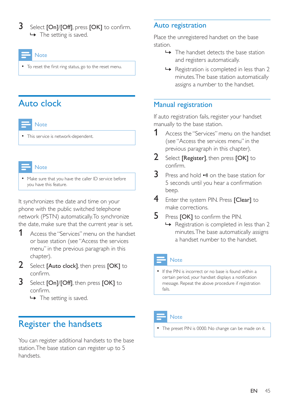 Auto clock, Register the handsets, Auto registration | Manual registration | Philips SE8881B-22 User Manual | Page 45 / 62