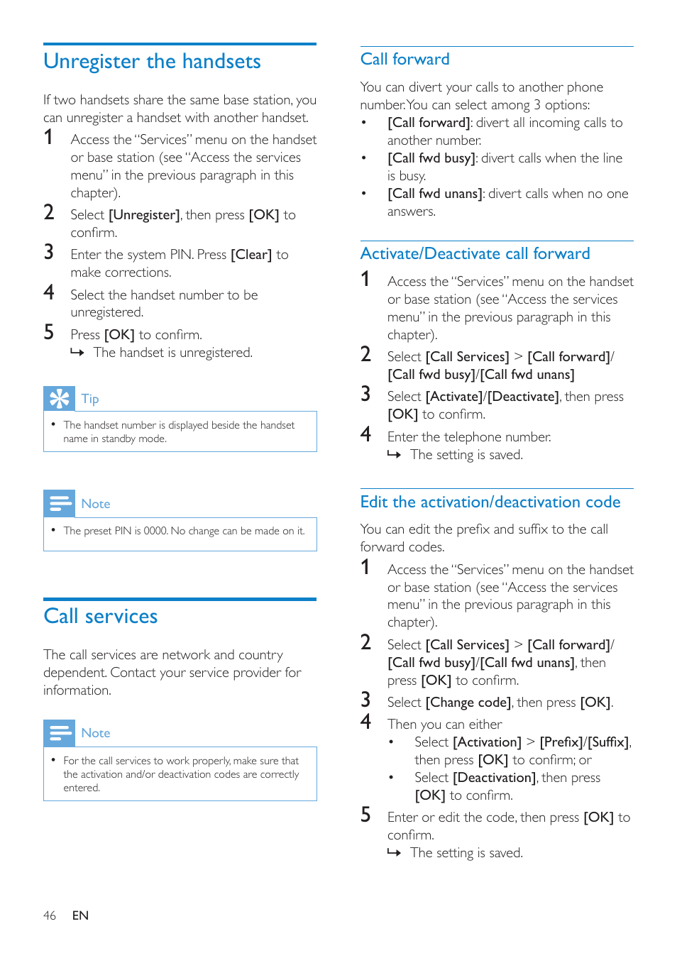 Unregister the handsets, Call services, Call forward | Activate/deactivate call forward, Edit the activation/deactivation code | Philips SE8881B-22 User Manual | Page 46 / 62