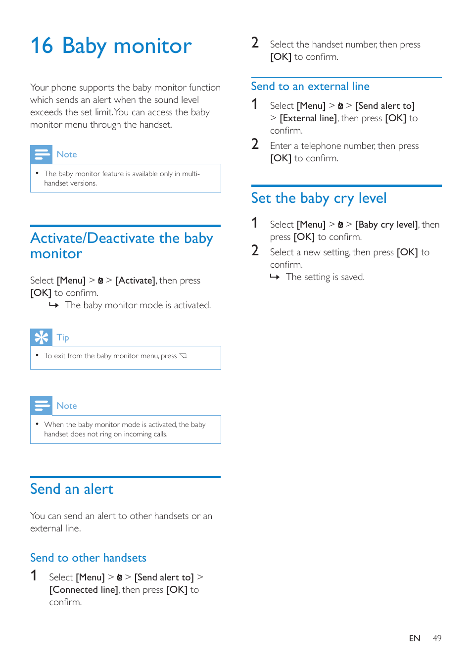 16 baby monitor, Activate/deactivate the baby monitor, Send an alert | Send to other handsets, Send to an external line, Set the baby cry level, Set the baby cry level 1 | Philips SE8881B-22 User Manual | Page 49 / 62