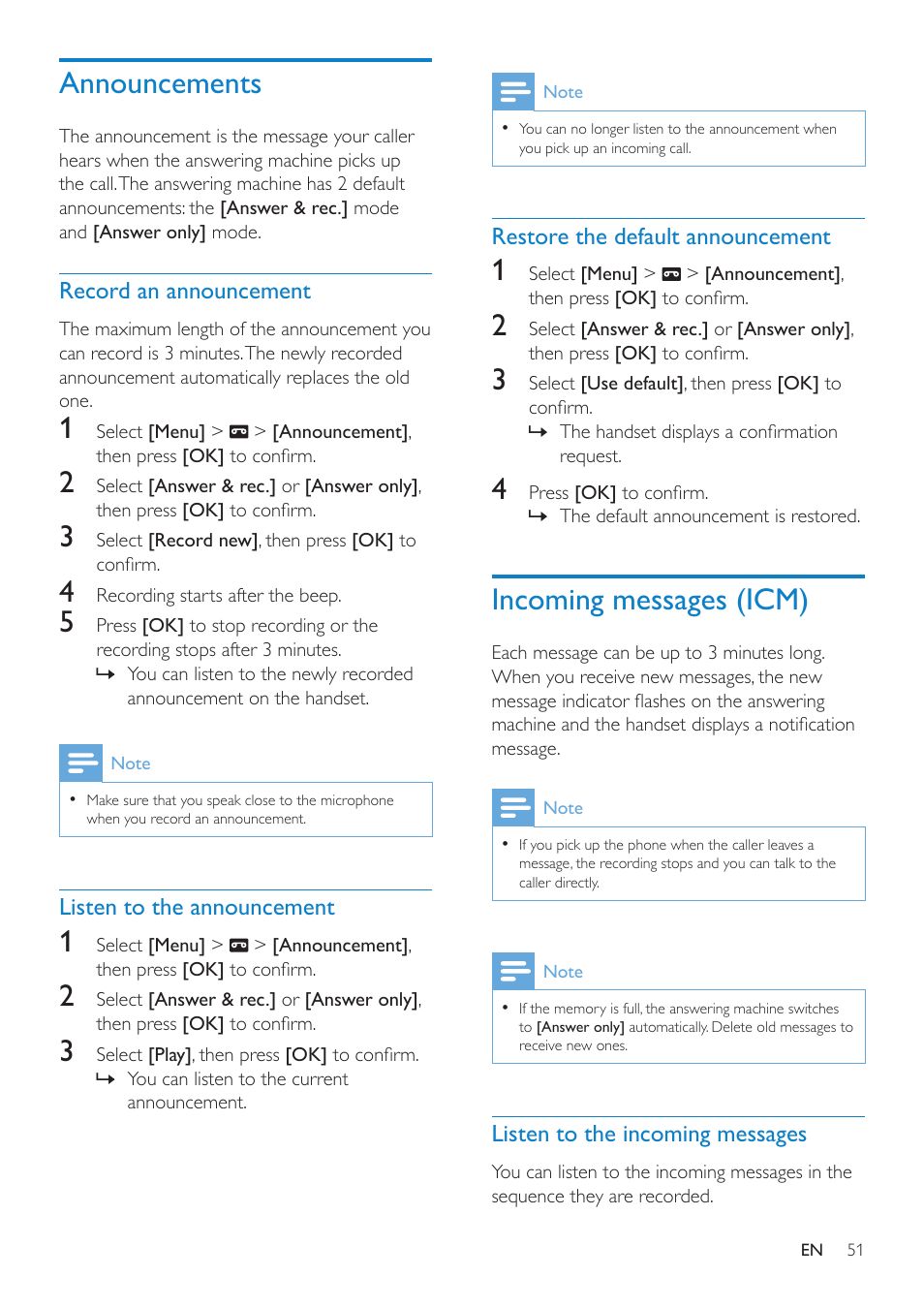 Announcements, Record an announcement, Listen to the announcement | Restore the default announcement, Incoming messages (icm), Listen to the incoming messages | Philips SE8881B-22 User Manual | Page 51 / 62