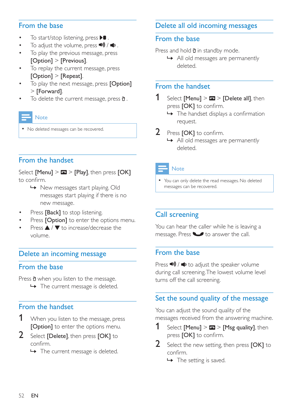 From the base, From the handset, Delete an incoming message | Delete all old incoming messages, Call screening, Set the sound quality of the message | Philips SE8881B-22 User Manual | Page 52 / 62