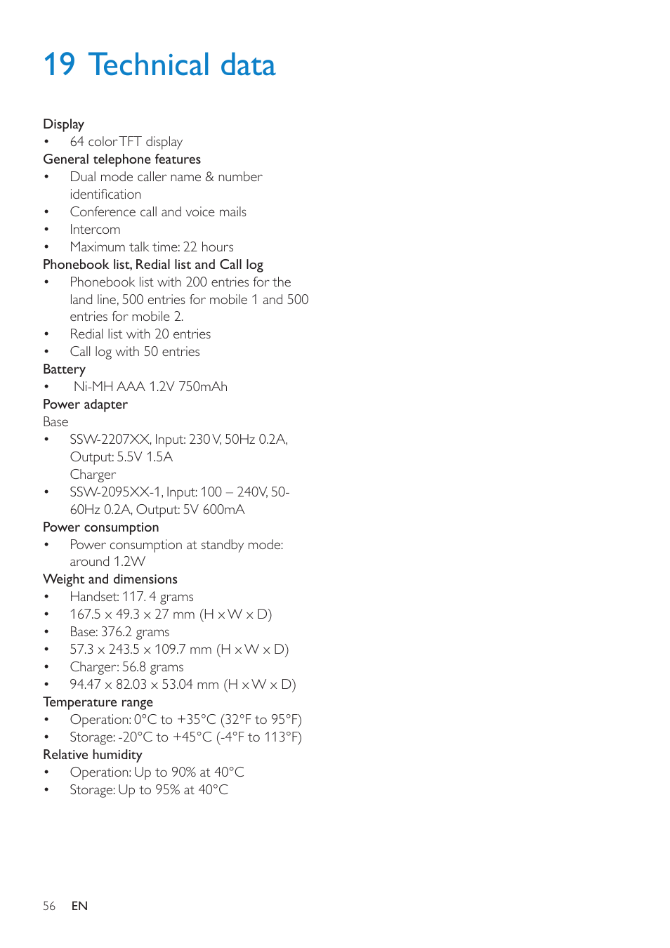 19 technical data | Philips SE8881B-22 User Manual | Page 56 / 62
