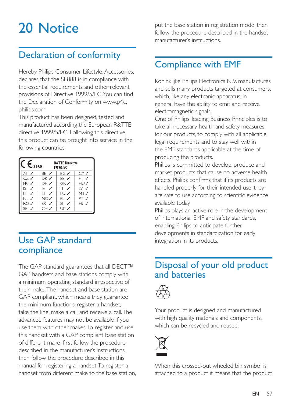 20 notice, Declaration of conformity, Use gap standard compliance | Compliance with emf, Disposal of your old product and batteries | Philips SE8881B-22 User Manual | Page 57 / 62