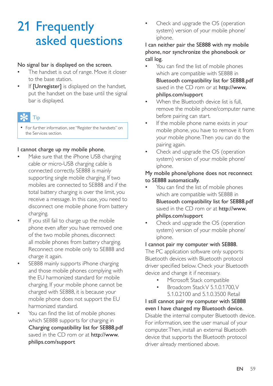 21 frequently asked questions | Philips SE8881B-22 User Manual | Page 59 / 62