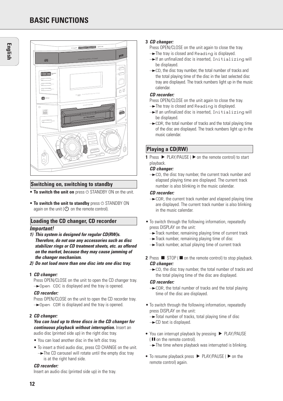 Basic functions, Important, English | The tray is closed and reading is displayed, Track number, remaining playing time of disc, Total number of tracks, total playing time of disc | Philips Mini Hi-Fi System with Integrated CD-Rec User Manual | Page 12 / 32