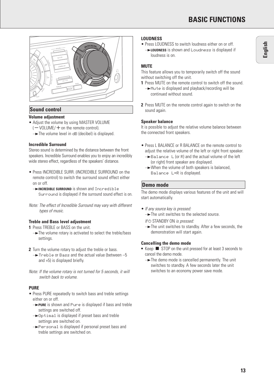 Basic functions, Demo mode sound control english | Philips Mini Hi-Fi System with Integrated CD-Rec User Manual | Page 13 / 32