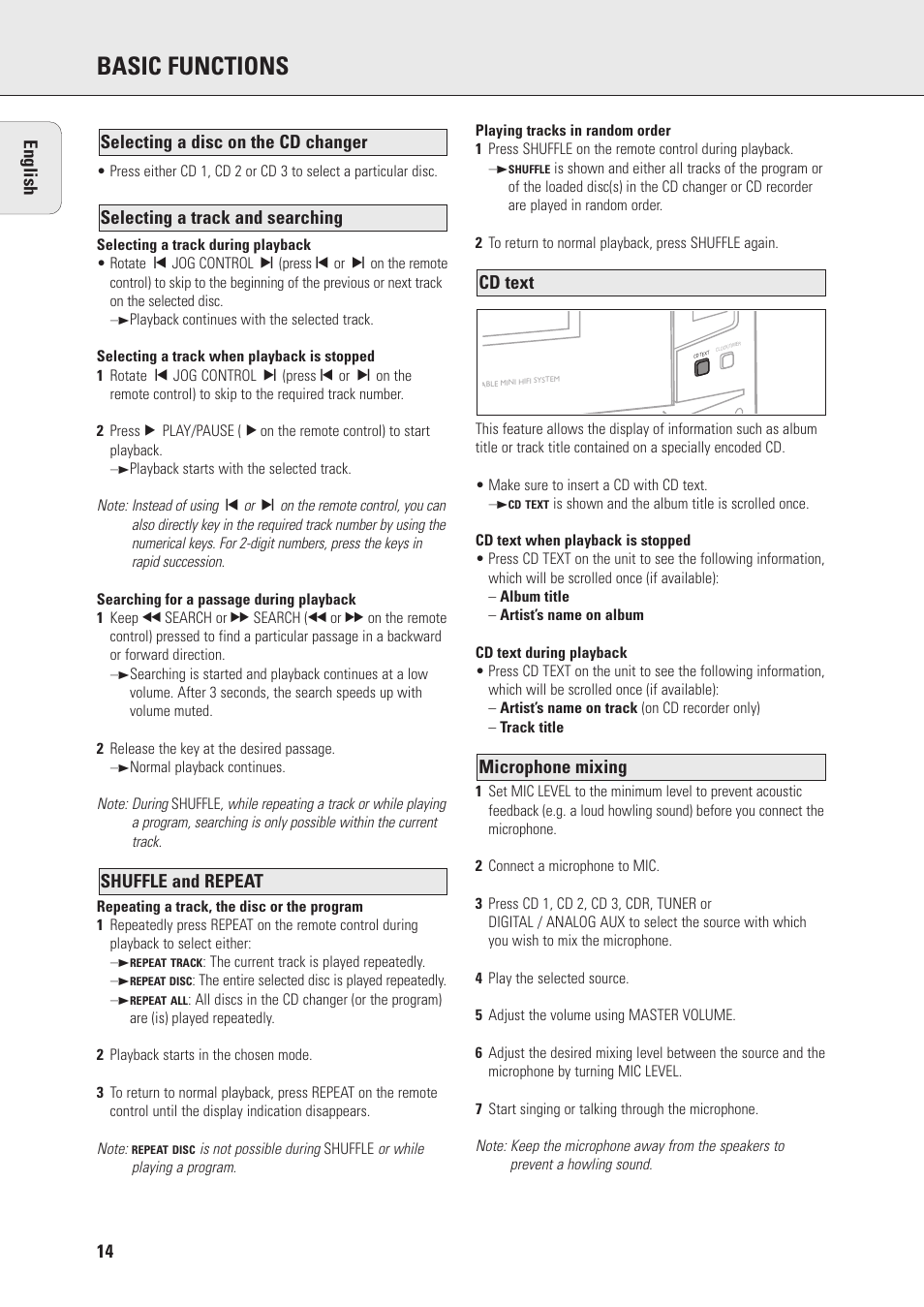 Basic functions, Microphone mixing | Philips Mini Hi-Fi System with Integrated CD-Rec User Manual | Page 14 / 32