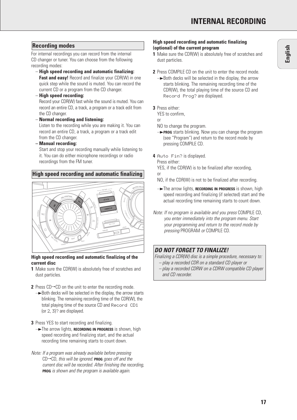 Internal recording, Do not forget to finalize | Philips Mini Hi-Fi System with Integrated CD-Rec User Manual | Page 17 / 32