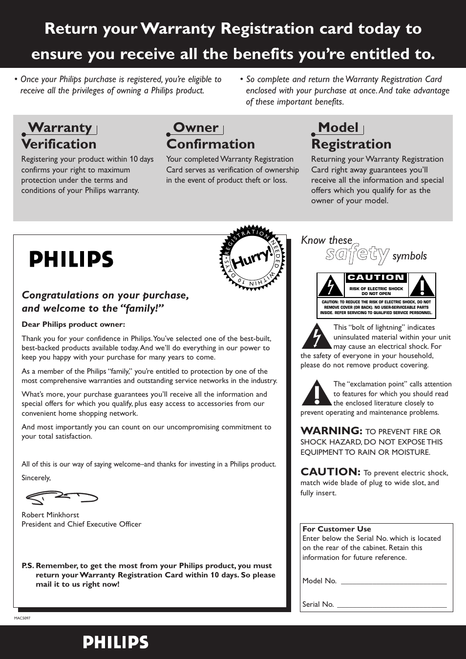 Ssa affe etty y, Hurry, Warranty verification | Owner confirmation, Model registration, Know these, Symbols | Philips Mini Hi-Fi System with Integrated CD-Rec User Manual | Page 2 / 32