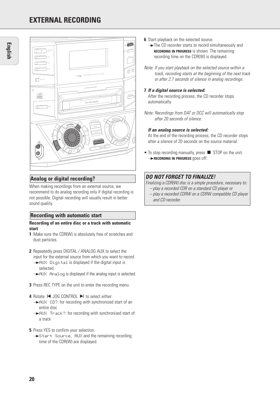 External recording, Do not forget to finalize, Goes off | Philips Mini Hi-Fi System with Integrated CD-Rec User Manual | Page 20 / 32