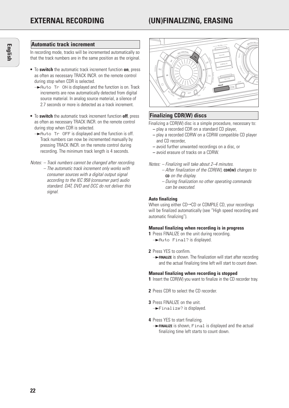 External recording (un)finalizing, erasing | Philips Mini Hi-Fi System with Integrated CD-Rec User Manual | Page 22 / 32