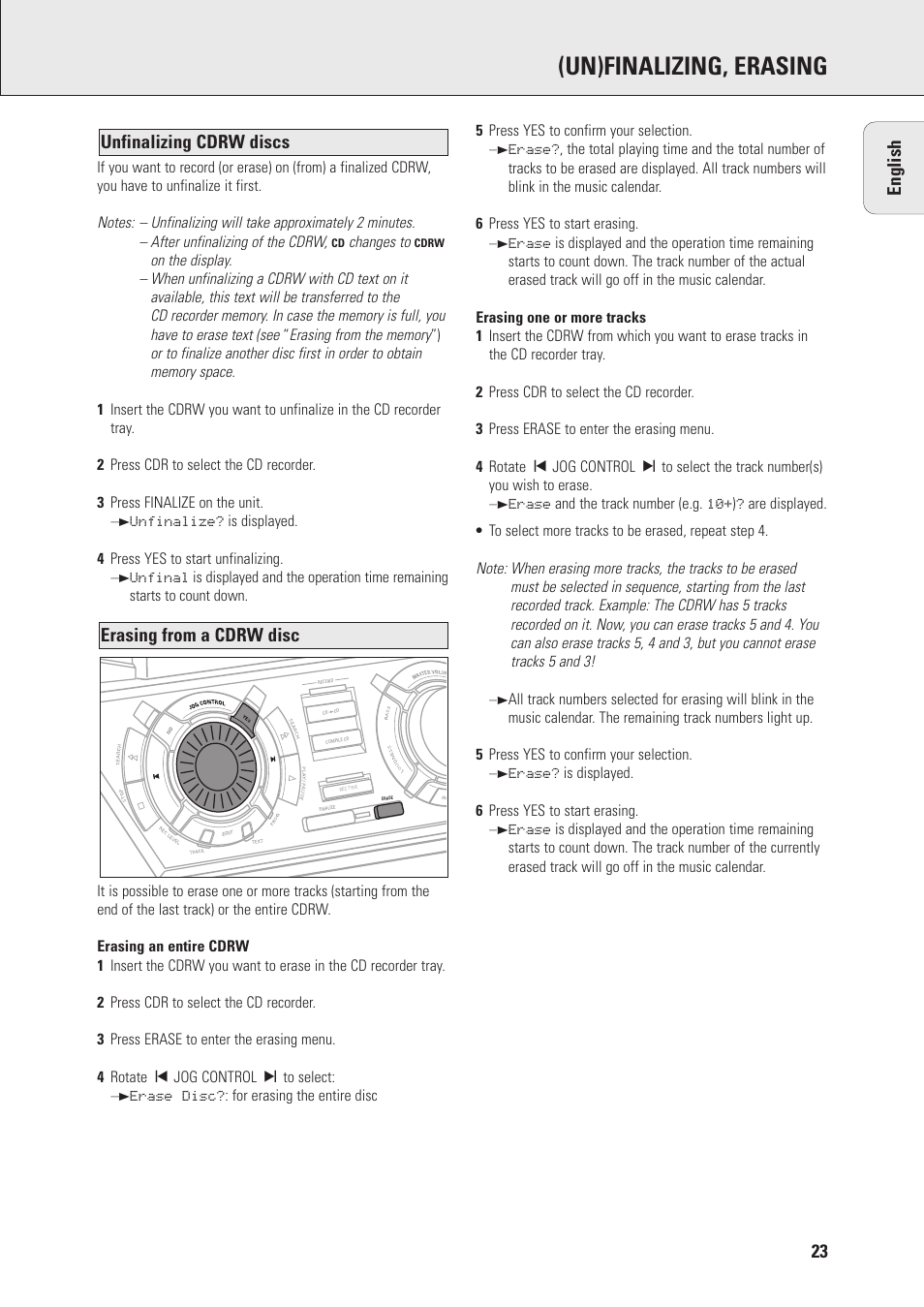 Un)finalizing, erasing | Philips Mini Hi-Fi System with Integrated CD-Rec User Manual | Page 23 / 32