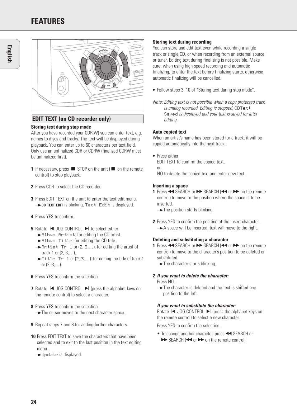 Features, Edit text (on cd recorder only) english | Philips Mini Hi-Fi System with Integrated CD-Rec User Manual | Page 24 / 32