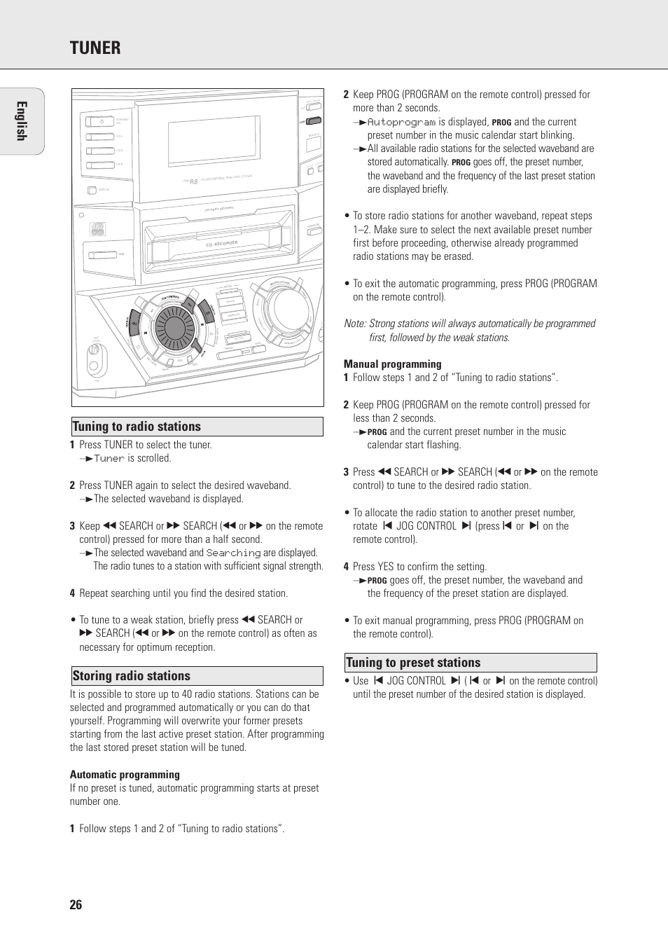 Tuner, 1 press tuner to select the tuner, Autoprogram is displayed | Philips Mini Hi-Fi System with Integrated CD-Rec User Manual | Page 26 / 32