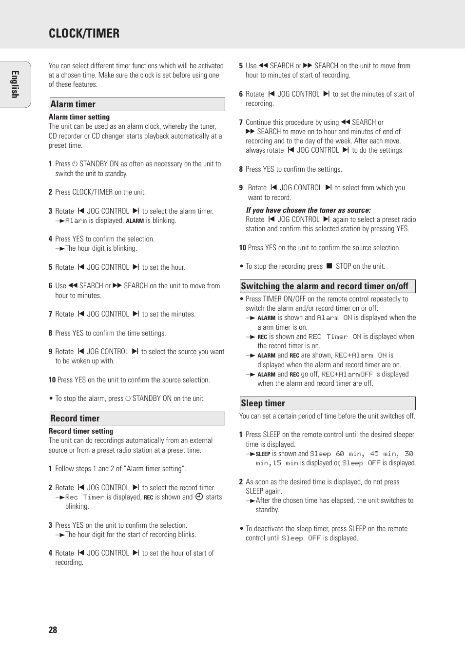 Clock/timer | Philips Mini Hi-Fi System with Integrated CD-Rec User Manual | Page 28 / 32