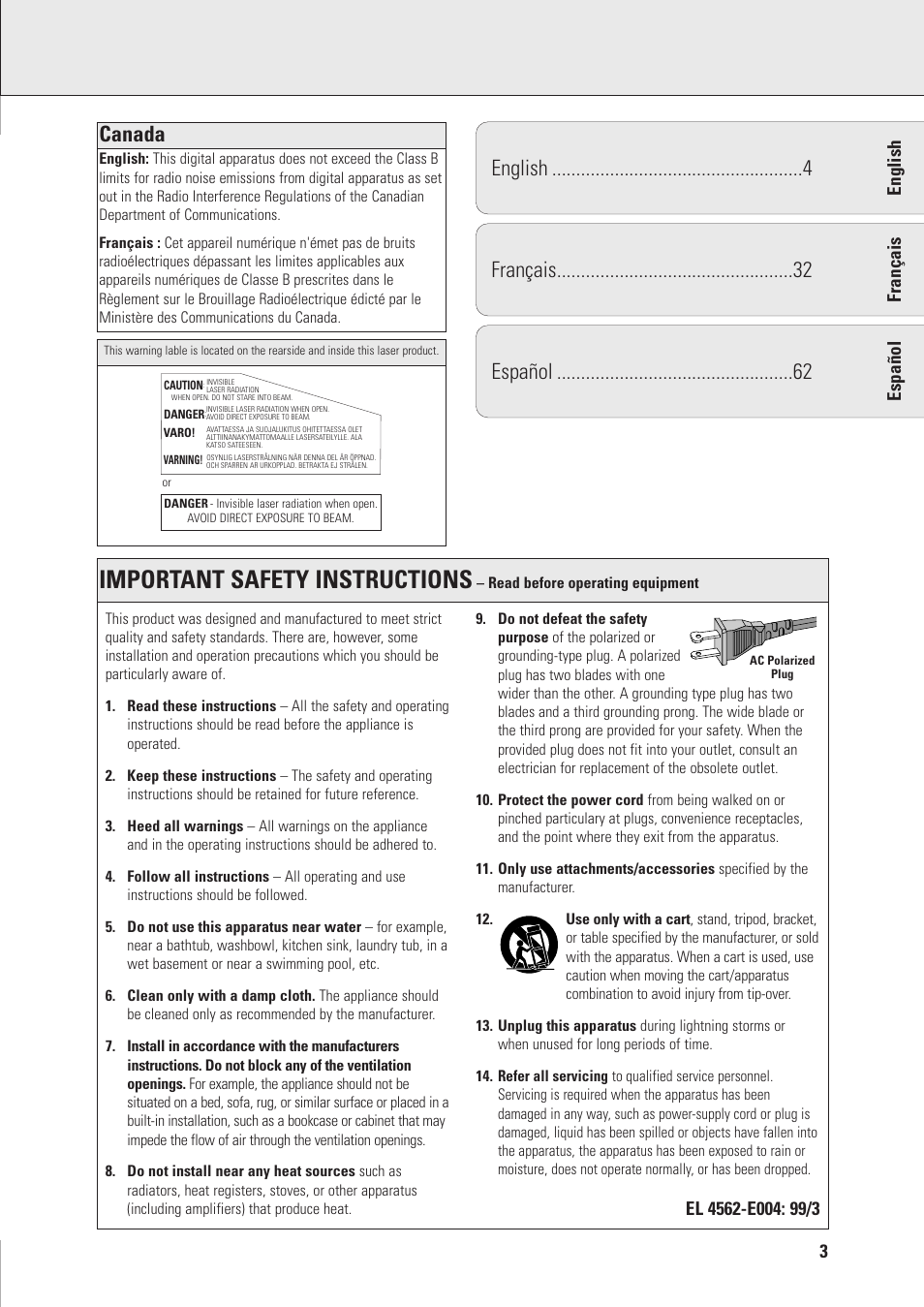 Important safety instructions, English français español, Canada | Philips Mini Hi-Fi System with Integrated CD-Rec User Manual | Page 3 / 32