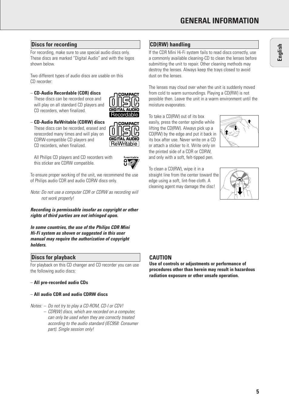 General information | Philips Mini Hi-Fi System with Integrated CD-Rec User Manual | Page 5 / 32