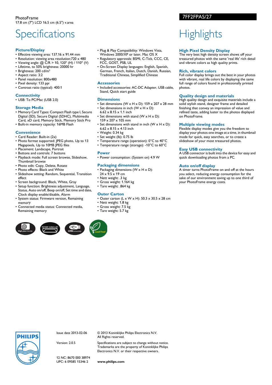 Specifications, Highlights, 7ff2fpas/27 | Philips 7FF2FPAS-27 User Manual | Page 2 / 2