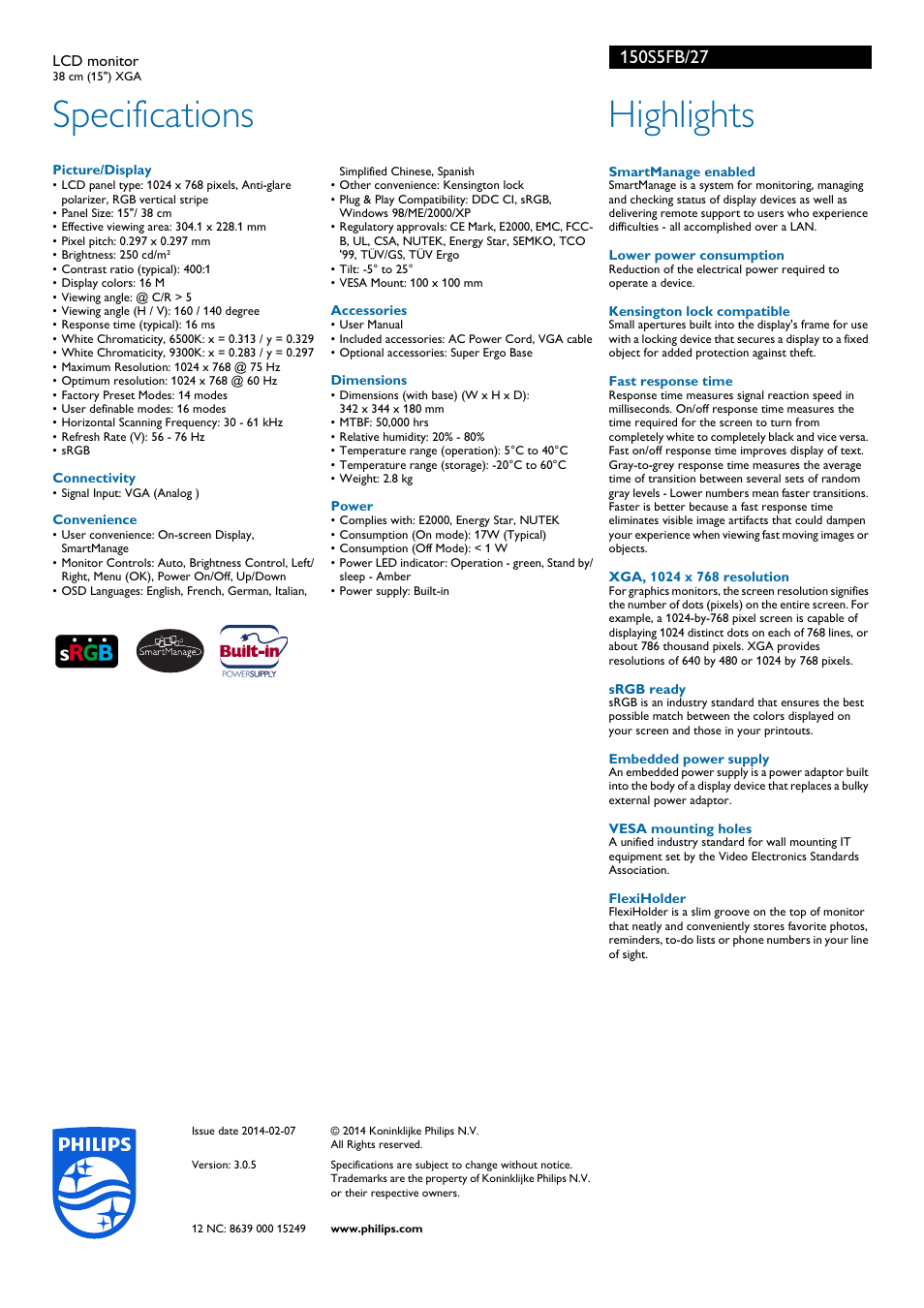 Specifications, Highlights | Philips 150S5FB-27 User Manual | Page 2 / 2