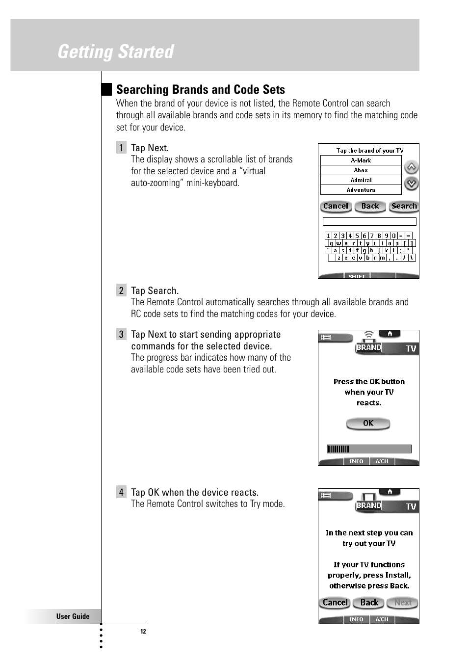 Getting started, Searching brands and code sets | Philips Color Touch Screen Rem Cont w-Database User Manual | Page 12 / 60