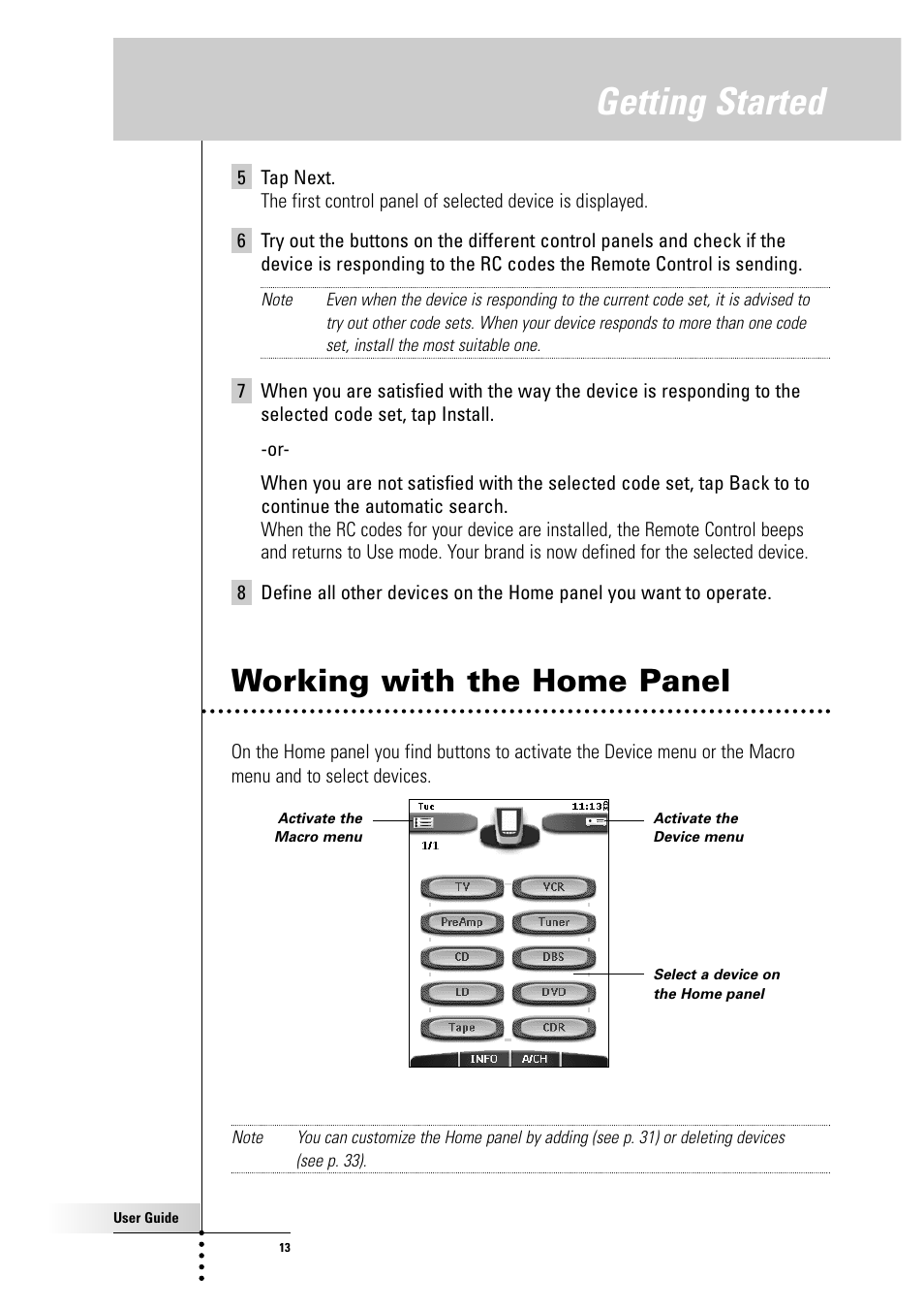 Getting started, Working with the home panel | Philips Color Touch Screen Rem Cont w-Database User Manual | Page 13 / 60