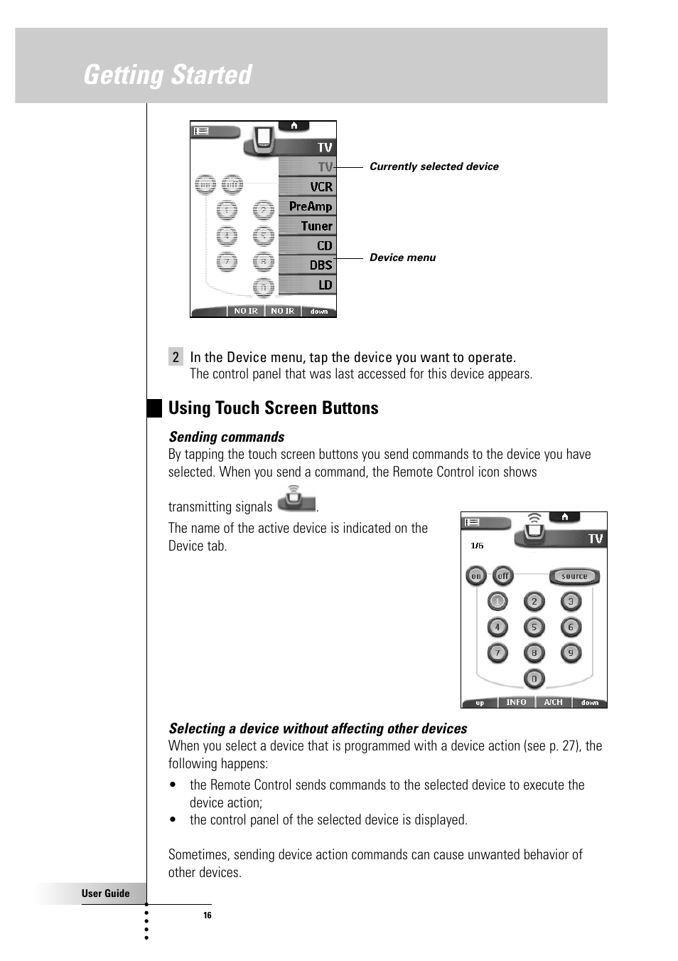 Getting started, Using touch screen buttons | Philips Color Touch Screen Rem Cont w-Database User Manual | Page 16 / 60