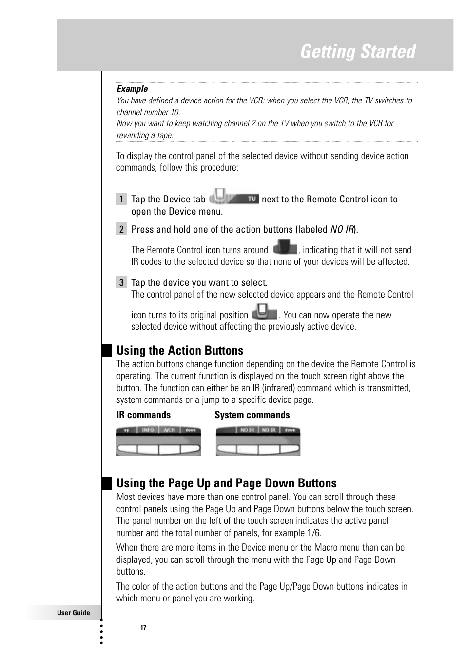Getting started, Using the action buttons, Using the page up and page down buttons | Philips Color Touch Screen Rem Cont w-Database User Manual | Page 17 / 60