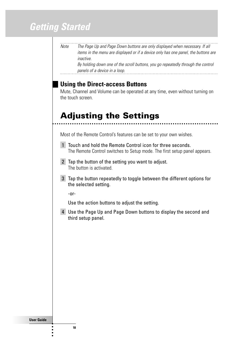 Getting started, Adjusting the settings, Using the direct-access buttons | Philips Color Touch Screen Rem Cont w-Database User Manual | Page 18 / 60