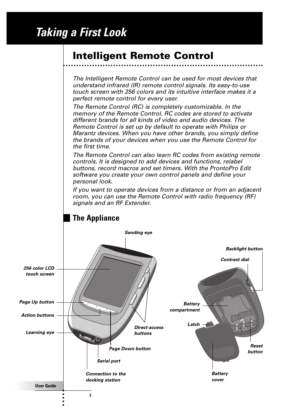 Taking a first look, Intelligent remote control, The appliance | Philips Color Touch Screen Rem Cont w-Database User Manual | Page 2 / 60