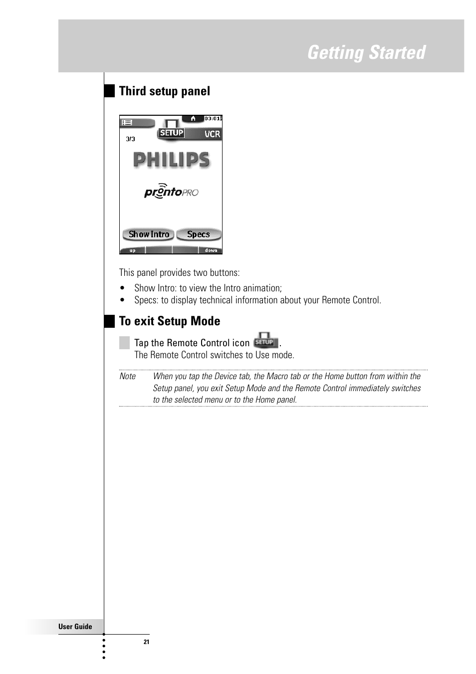Getting started, Third setup panel | Philips Color Touch Screen Rem Cont w-Database User Manual | Page 21 / 60