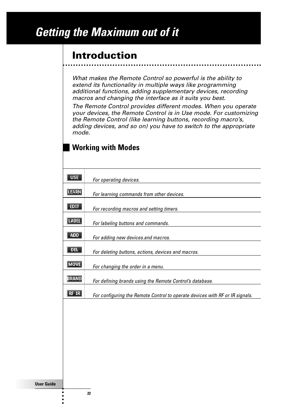 Getting the maximum out of it, Introduction, Working with modes | Philips Color Touch Screen Rem Cont w-Database User Manual | Page 22 / 60