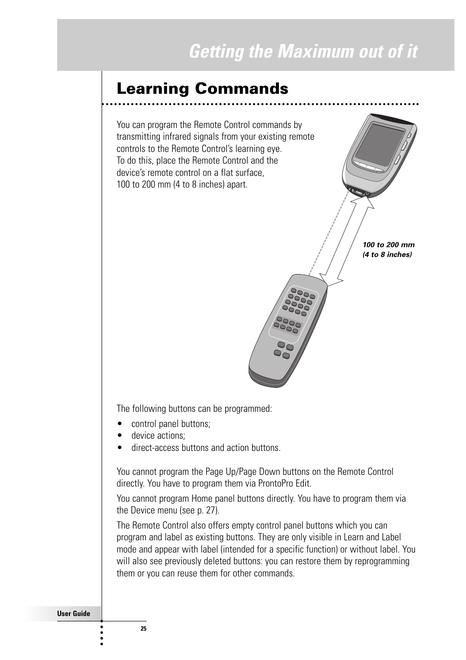 Getting the maximum out of it, Learning commands | Philips Color Touch Screen Rem Cont w-Database User Manual | Page 25 / 60