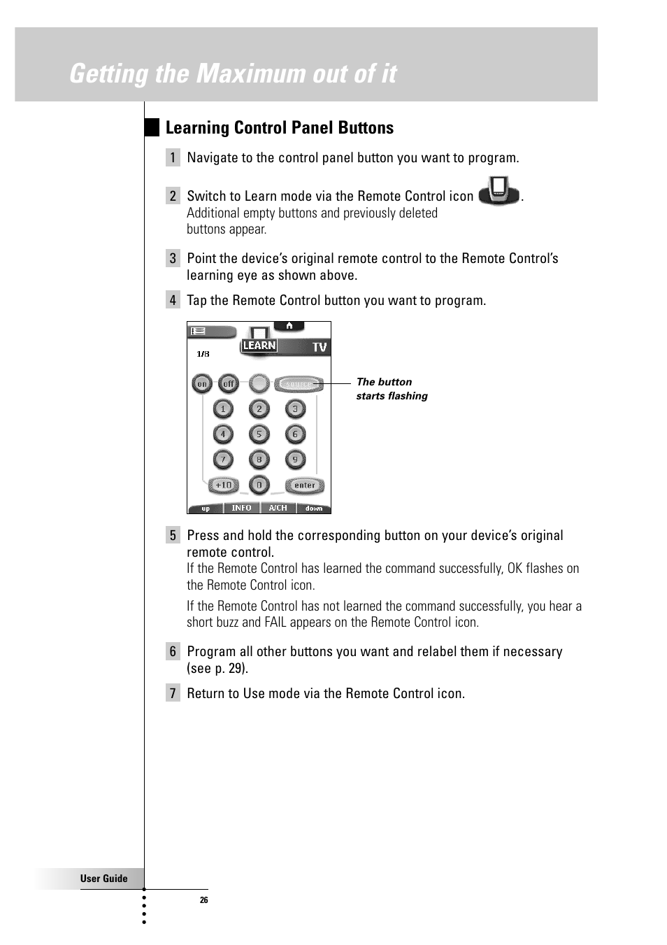 Getting the maximum out of it, Learning control panel buttons | Philips Color Touch Screen Rem Cont w-Database User Manual | Page 26 / 60