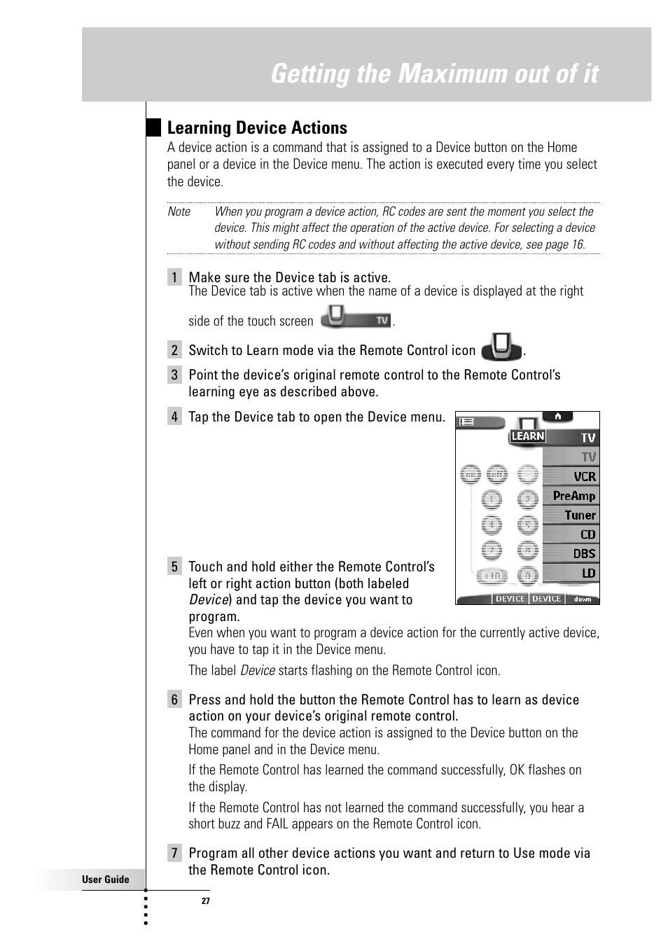 Getting the maximum out of it, Learning device actions | Philips Color Touch Screen Rem Cont w-Database User Manual | Page 27 / 60